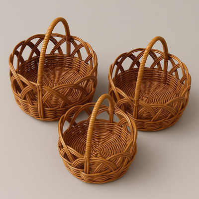 Primenesta Round Cane Basket 3 Piece Multipurpose Decorative Storage Baskets with Handles Wooden Fruit & Vegetable Basket(Brown)