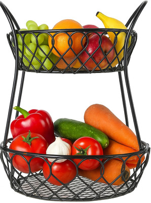 SUMORA ENTERPRISES 2-Tier Metal Fruit & Vegetable Storage Basket Stand for Kitchen & Dining Table Iron Fruit & Vegetable Basket(Black)