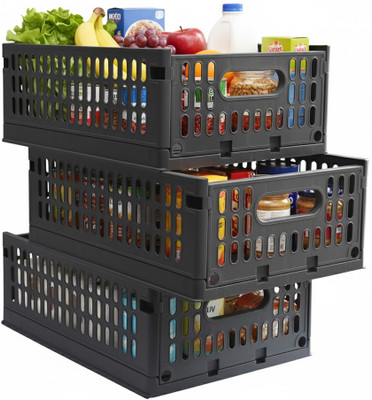 Aditya Polymers Stack-It-All Foldable Plastic Basket - Stack & Slide Design - Grey - Set of 3 Plastic, Polypropylene Fruit & Vegetable Basket(Grey)