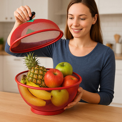 HEALTH TAG Apple Shape Fruits &p Vegetables Basket for Kitchen With Net Cover Stainless Steel Fruit & Vegetable Basket(Red)