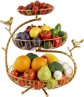 PRIME KRAFTS 3 Tier Unique Bird Design Countertop Storage Organizer for Home and Kitchen, Iron Fruit & Vegetable Basket(Gold)
