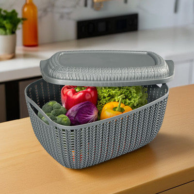 KUBER INDUSTRIES M 25 Plastic Basket for Storage Vegetables and Fruits with Lid | Grey Plastic Fruit & Vegetable Basket(Grey)
