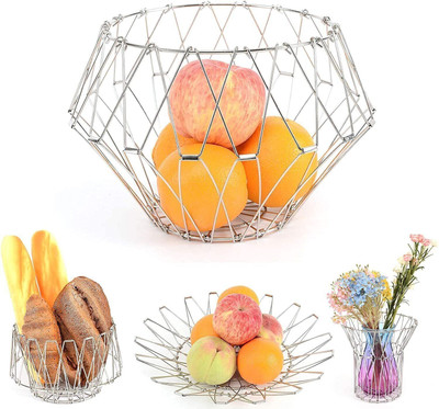 Foryou Multipurpose Stainless Steel Folding Fruit Vegetable Basket Stand for Kitchen/Dining Table/Center Table/Home (8 Shapes) Stainless Steel Fruit & Vegetable Basket(Silver)