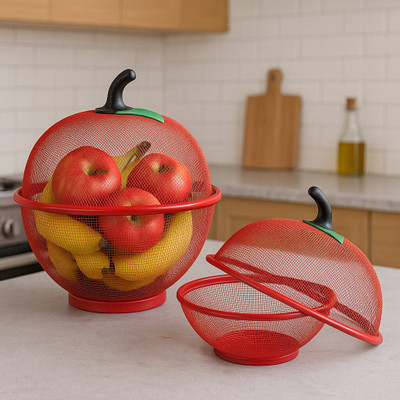 HEALTH TAG Apple shape Fruit Basket with Lid Net Cover Steel Big Size Stainless Steel Fruit & Vegetable Basket(Red)