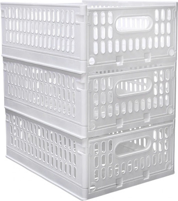 Aditya Polymers Stack-It-All Foldable Plastic Basket - Stack & Slide Design - White - Set of 3 Plastic, Polypropylene Fruit & Vegetable Basket(White)