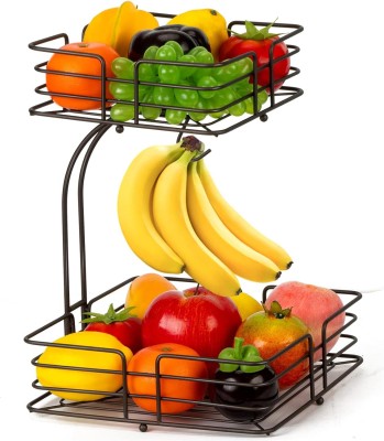 PRIME KRAFTS 2 Tier Countertop Fruit Vegetables Basket Bowl Storage With Banana Hanger Iron Fruit & Vegetable Basket(Brown)