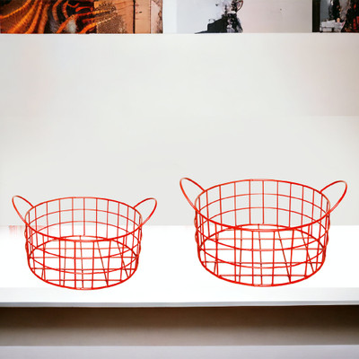Youandhome Multi purpose home & kitchen round wire basket with side handles. Set of 2 pc Iron Fruit & Vegetable Basket(Red)