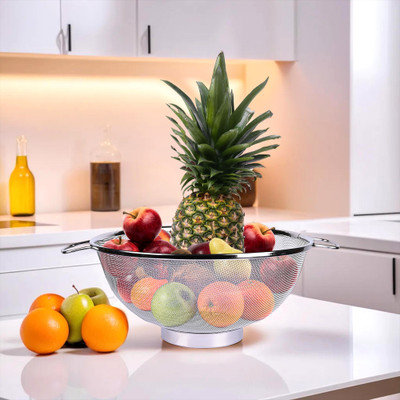 KUBER INDUSTRIES Stainless Steel Fruit Basket for Dining Table With Handles |14 Inch| Silver Stainless Steel Fruit & Vegetable Basket(White, Steel)
