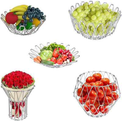 TAARA ENTERPRISE Space Saving 8 In 1 Kitchen Storage Basket Wire Mesh Foldable Stainless Steel Fruit & Vegetable Basket(Silver)