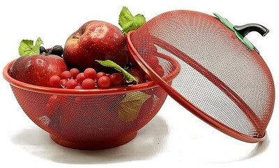 MAHADEV Shape Fruit & Vegetable Basket With Protective Lid Steel Stainless Steel Fruit & Vegetable Basket(Red)