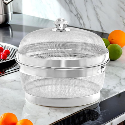 KUBER INDUSTRIES Stainless Steel Fruit Basket With Net Cover & Lid | Silver Stainless Steel Fruit & Vegetable Basket(Silver)