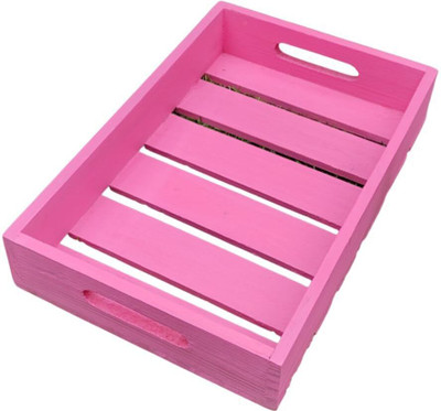Harfi works Pine Wood Rectangular gift Basket with Handle 12x8x2.5 inch Wooden Fruit & Vegetable Basket(Pink)