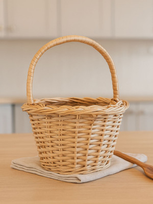Artsy Decorative Hand Woven Cane Basket With Hanlde, Bamboo basket Wooden Fruit & Vegetable Basket(Brown)