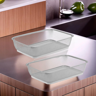 KUBER INDUSTRIES Pack of 2 Steel Fruit Basket & Storage Organizer | Tokri for Kitchen | Silver Stainless Steel Fruit & Vegetable Basket(Steel, White, Silver)