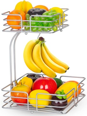 PRIME KRAFTS 2-Tier Countertop Fruit Vegetables Basket Bowl Storage With Banana Hanger Iron Fruit & Vegetable Basket(Silver)