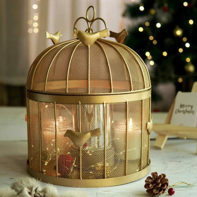 Caneshub Fruit Bulbul Basket with Mesh & Lid for Storing Fruits, Vegetables Insect Proof Iron Fruit & Vegetable Basket(Gold)