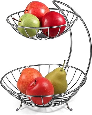 Plantex Stainless Steel 2-Tier Fruit & Vegetable Basket for Dining Table/Kitchen/Home Steel Fruit & Vegetable Basket(Silver)