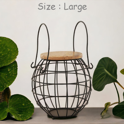 Youandhome Multi Purpose Home & Kitchen Wire Basket with Side Handles & Wooden Lid, Large, Iron Fruit & Vegetable Basket(Black)