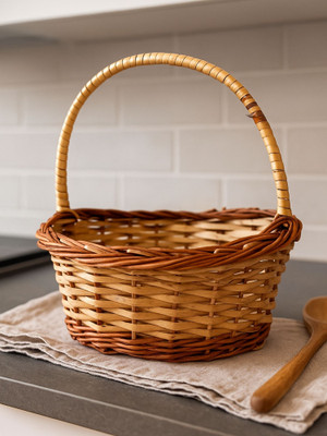 Artsy Multipurpose Decorative Hand Woven Cane Basket With Hanlde, Bamboo basket Wooden Fruit & Vegetable Basket(Brown)