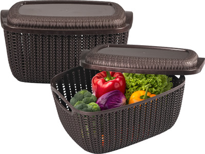 KUBER INDUSTRIES 2 Pcs Plastic M 25 Basket for Storage Vegetables and Fruits with Lid | Brown Plastic Fruit & Vegetable Basket(Brown)