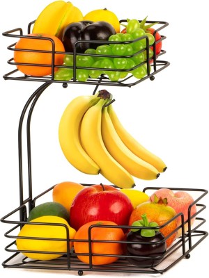 E C Creation 2-Tier Square Countertop Fruit Vegetables Basket Bowl Storage With Banana Hanger Stainless Steel Fruit & Vegetable Basket(Black)