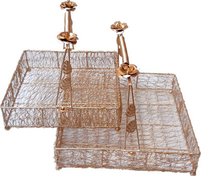 FIAS CREATIONS Decorative Golden Wire Mesh Basket with Handle & Floral Design Iron Fruit & Vegetable Basket(Gold)