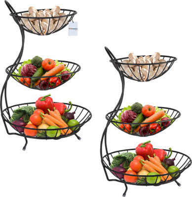 HOMESTIC by Kuber Industries Pack of 2 Metal 3-Layer Pyaj/onion Storage Basket & Circular Side Stand | Black Steel Fruit & Vegetable Basket(Black)
