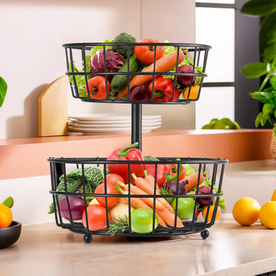 KUBER INDUSTRIES Metal 2-Layer Pyaj/Onion Storage Basket & Circular Countertop Side Stand | Black Iron Fruit & Vegetable Basket(Black)