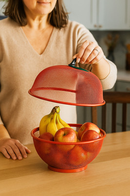 BHUMI ENTERPRISE Apple Shape Fruits &trfo Vegetables Basket for Kitchen With Net Cover Stainless Steel Fruit & Vegetable Basket(Red)