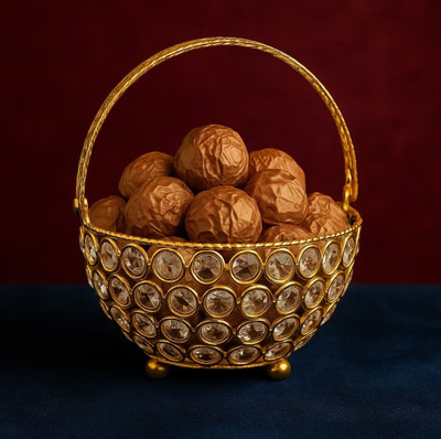 THE BIBRASS Gold Crystal Decorative Basket Table Decor for Pooja & Festive Use Iron Fruit & Vegetable Basket(Gold)