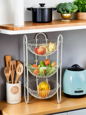 KUBER INDUSTRIES Stainless Steel Three Tier Fruits & Vegetables Round Trolley/ Multipurpose kitchen storage shelf rack/ Basket (Set of 1 Pc) Steel Fruit & Vegetable Basket(Silver)