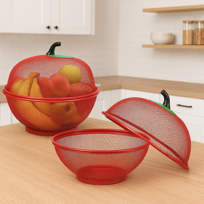 MOGADGET Fruits &qt1s Vegetables Basket for Kitchen With Net Cover Stainless Steel Fruit & Vegetable Basket(Red)