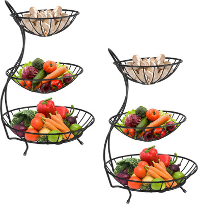 KUBER INDUSTRIES Pack of 2 Metal 3-Layer Pyaj/onion Storage Basket & Circular Side Stand | Black Steel Fruit & Vegetable Basket(Black, Steel)