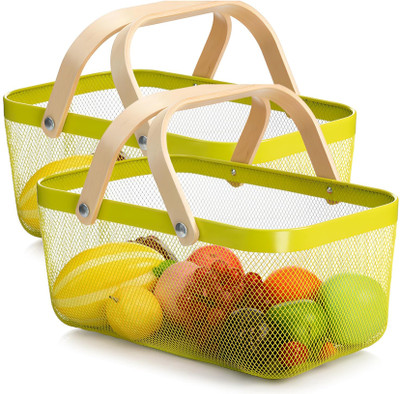 KUBER INDUSTRIES Rectangular Metal Mesh basket for storage | wooden handle | Pack of 2 | Green Iron Fruit & Vegetable Basket(Green)