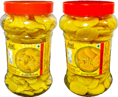 foods.shopkruz Each,Ready to Fry Papad Snacks Easy to store Jar Fulwariyan fish and gol mol Fryums (Pack of 2)(600 g)