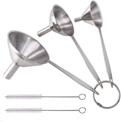 SUPVOX 3Pcs Stainless Steel Long Handle Funnel Set with 2 Brushes Small Kitchen Funnel Stainless Steel Funnel Set(Silver, Pack of 3)