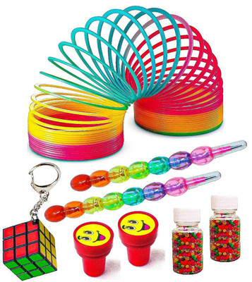 rza Spring Combo-8Pc One Rainbow Spring Toy /2 Moti Pencil /2 Stamp /2 water balls/ 1 Cube key chain for Kids Gag Toy(Multicolor)