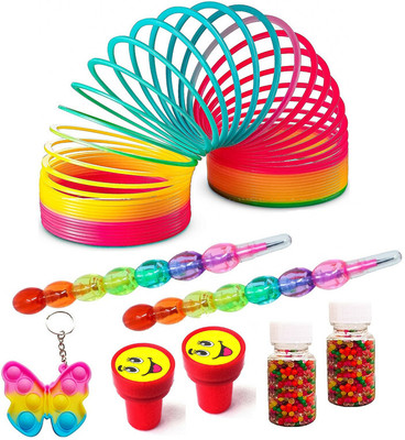 rza Rainbow Spring Combo-8Pc One Rainbow Spring Toy /2 Moti Pencil /2 Stamp /2 water balls/ 1 popet key chain for Kids Gag Toy(Green)