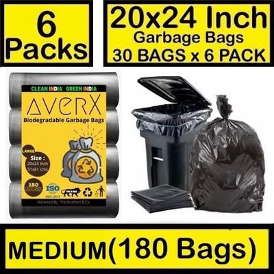 averX Biodegradable Black Garbage Bag - 20x24 inches (Pack of 6, 180 Pieces, Medium) Medium 20 L Garbage Bag  Pack Of 180(180Bag )