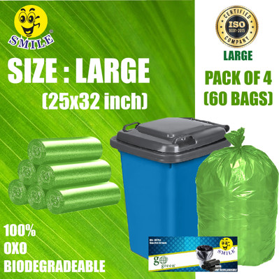 Smile Dustbin bags large size garbage bags Green colour Oxo Biodegradeable 60 Bags Large 70 L Garbage Bag  Pack Of 60(60Bag )
