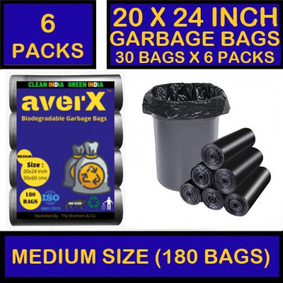 averX Biodegradable Medium Size Black Garbage Bag - 20x24 inches (Pack of 6 - 180 Pieces) 24 L Garbage Bag (180 Bags) Medium 24 L Garbage Bag  Pack Of 180(180Bag )