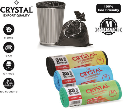 CRYSTAL Biodegradable On Roll 19 x 21 Black / Blue / Green - 30 Pcs x Pack of 3, Medium 25 L Garbage Bag  Pack Of 90(90Bag )