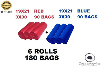MJ Exim Combo pack 19X21 ( 3 blue + 3 red ) total 6 rolls Medium 13 L Garbage Bag  Pack Of 180(180Bag )