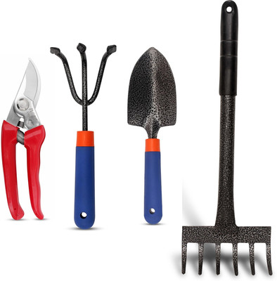 Toolsbae Garden Hand Tool Set of 4 (6 Teeth Rake, Cultivator, Trowel & Pruning Shear) Garden Tool Kit(4 Tools)