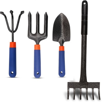 Toolsbae - Garden Hand Tool Set of 4 with 6 Teeth Rake, Hand Cultivator, Fork & Trowel Garden Tool Kit(4 Tools)
