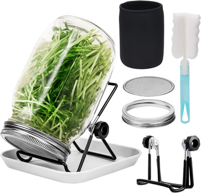 MAYCREATE Seed Sprouting Jar with Lid 32oz Glass for Beans Sprouts Garden Tool Kit(3 Tools)