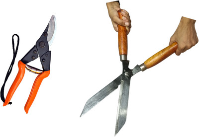 GREEN TOUCH Pack of 2 Premium Hedge Shear and Double Cut, Garden Grass Cutter with Wooden Garden Tool Kit(2 Tools)