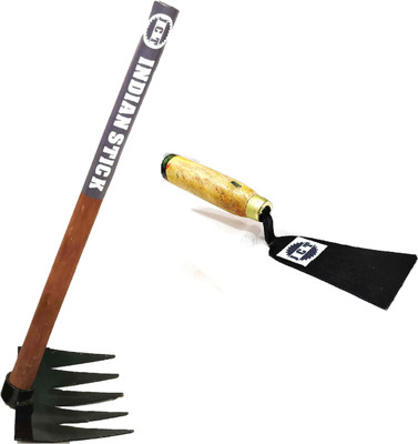 JCT AGRICO 5 TEETH IRON RAKE WITH WOODEN HANDLE 70 CM & KHURPI WITH WOODEN HANDLE 25 CM Garden Tool Kit(2 Tools)