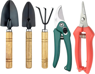 AJICA Wooden Gardening Tools Set with Pruning Scissors & Pruning Shear (Set of 5) Garden Tool Kit(5 Tools)