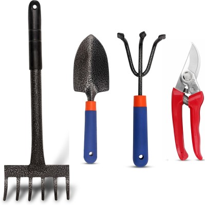 Toolsbae Garden Hand Tool Set of 4 With 6 Teeth Rake, Hand Cultivator, Trowel & Pruner Garden Tool Kit(4 Tools)